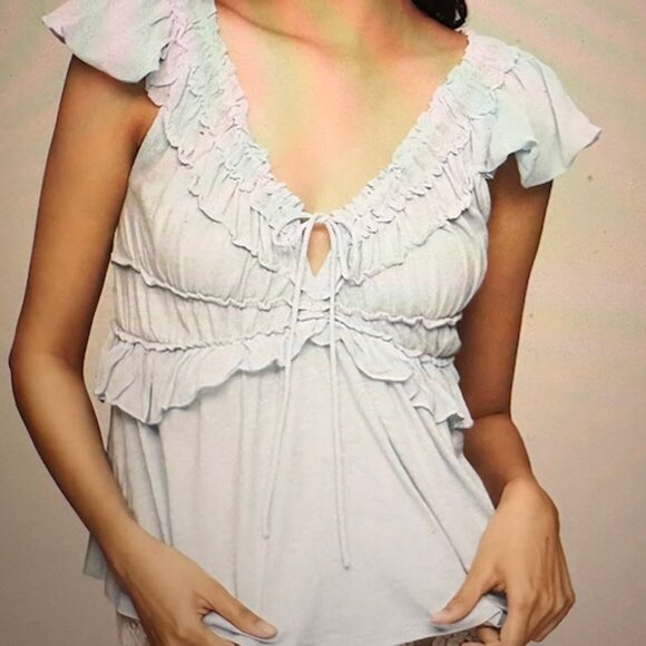 Anthropologie Blue Baby Doll Ruffle T-Shirt, Sz M, NWT - Picture 1 of 5